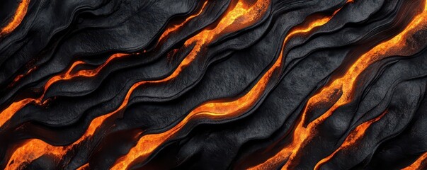 Obraz premium Abstract molten lava flowing texture in vivid orange and black colors, perfect for backgrounds, posters, and creative design projects.