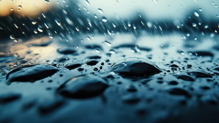 Close-up of rain droplets on a surface with a blurred background, capturing the serene beauty of raindrops in a macro perspective.