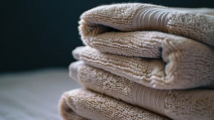 A neatly folded stack of beige towels resting on a clean surface, exuding simplicity, comfort, and readiness for use.