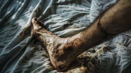 Zoomed-in pic of an injured, dirty leg and foot, highlighting wounds, scratches, and soiled white sheets.