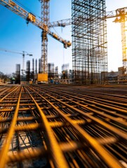 Naklejka premium Close-up view of construction site with steel rebar and cranes against a blue sky, highlighting industrial architecture.