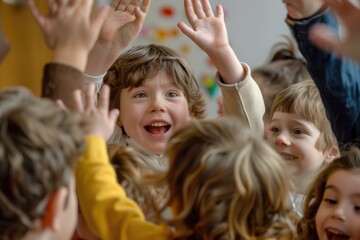 Happy Children Having Fun with Hands Raised in a Playful Group Activity in a Classroom Setting