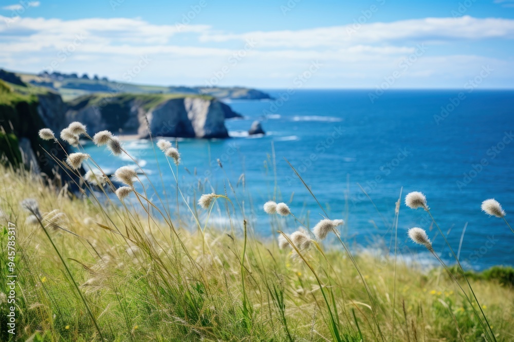 Wall mural sea cliff grass promontory landscape.