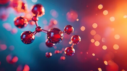 Abstract red and blue molecule structure with glowing particles, representing science, chemistry, and molecular biology on a vibrant background.