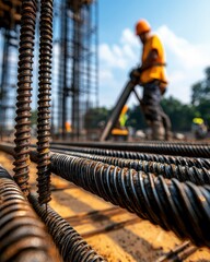 Close-up view of rebar at a construction site with a worker preparing foundation. Heavy machinery in the background, bright sky.