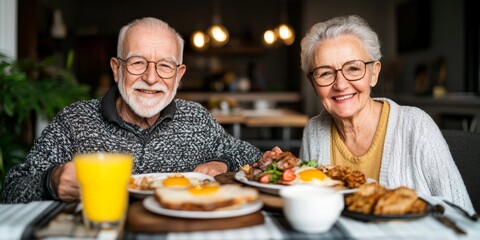happy senior couple enjoying breakfast together in a cafe restaurant, warm atmosphere, smiling faces, love and companionship, golden light, healthy food.