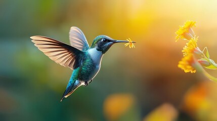 Fototapeta premium A hummingbird hovering mid-air while feeding on nectar
