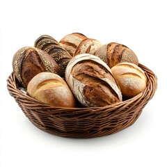 Rustic bread basket, assortment of loaves, soft shadows and highlights, isolated on white background