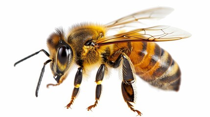 A close-up photograph of a honeybee, isolated on a white background. The bee is in flight, with its wings spread out. It is a symbol of hard work, diligence, and the importance of nature.