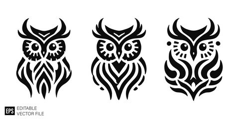 Fototapeta premium set of owl tribal tattoo graphic design vector clip art black and white silhouette templates