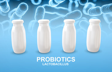Probiotic products. Concept - Yoghurt with probiotic content. Microbiome on blue background