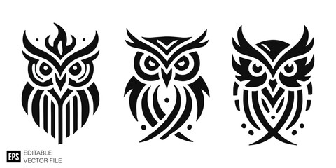 set of owl tribal tattoo graphic design vector clip art black and white silhouette templates
