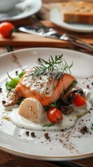 A beautifully presented dish featuring a succulent piece of salmon served with mushrooms, cherry tomatoes, and a creamy sauce, garnished with herbs and black pepper.