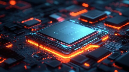 Close-up of a Computer Processor with Glowing Red and Blue Lights.