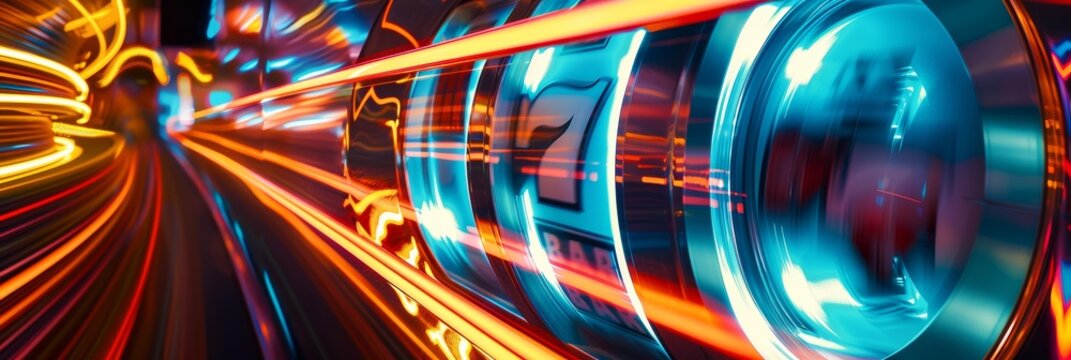 A close-up shot of a slot machine's reels spinning rapidly, symbolizing speed, excitement, chance,  luck, and the fast-paced nature of modern life.