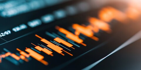 close-up of financial stock market chart data analysis graph, orange lines on black background, business data representation, financial success, growth and investment.