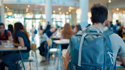 Fototapeta premium Students with backpacks study at a busy, light-filled cafeteria, conveying a sense of college life bustling with academic activities and social interactions.