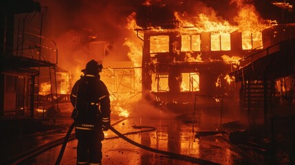 A firefighter hoses down a blazing house at night, surrounded by a sea of flames, showcasing the intensity and valor of emergency response.