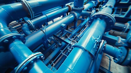 A vibrant industrial scene depicting interwoven blue pipelines, highlighting the intricacy and organization of modern infrastructure and engineering.