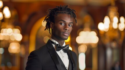 Obraz premium A young man with dreadlocks, dressed in an elegant black tuxedo, standing confidently at a glamorous event with sparkling decor in the background.