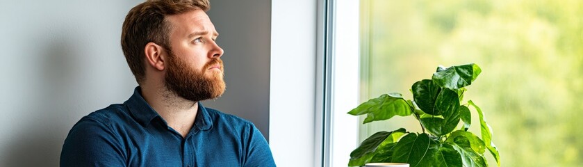 Obraz premium thoughtful man looking out window with green plant in focus, contemplative portrait of a person pondering life, daydreaming by the window, indoor reflection, peaceful thinking moment