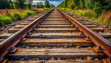 Fototapeta premium Weathered railroad tracks stretching into the distance, with a detailed, high-contrast, seamless texture of rusty metal and worn wooden planks.