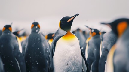 Fototapeta premium A group of emperor penguins stands closely together in a snowy landscape, their black, white, and yellow plumage vividly contrasted against the icy backdrop.