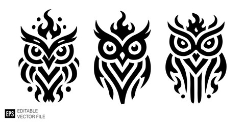 set of owl tribal tattoo graphic design vector clip art black and white silhouette templates