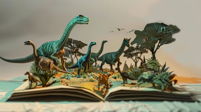 Dinosaurs come alive from a book's pages, with vibrant figures and lush scenery, enhancing the sense of adventure and immersion in a prehistoric world.