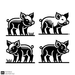 Fototapeta premium set of piglet graphic design vector clip art black and white silhouette templates
