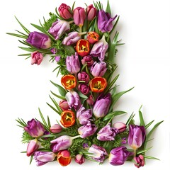 A floral arrangement shaped like the number one, featuring vibrant tulips and greenery.