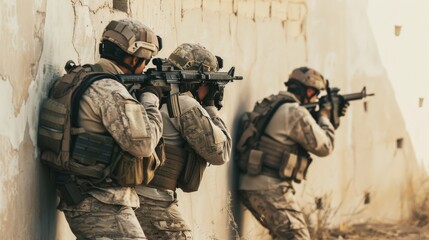 Fototapeta premium Three soldiers in tactical gear take positions against a wall, demonstrating teamwork and precision in a strategic military maneuver.