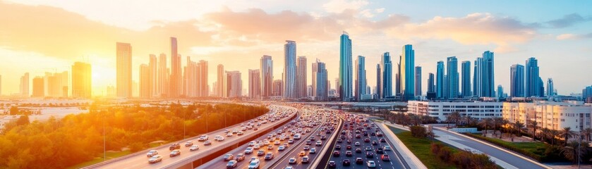 Obraz premium aerial view of modern city skyline with sunset and traffic on highway.