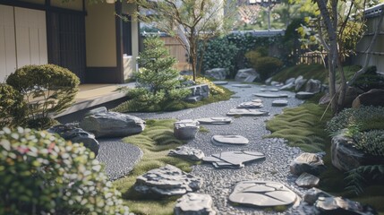 Obraz premium A tranquil Japanese garden features a neatly maintained path with stepping stones amidst lush greenery and carefully arranged rocks.