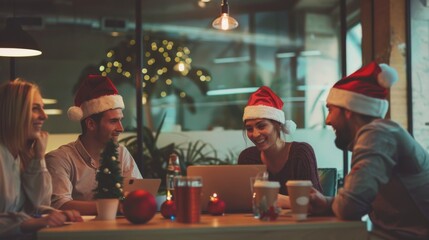 Colleagues in festive Santa hats share a joyful moment in the office, celebrating the holiday season with laughter and camaraderie around a decorated table.