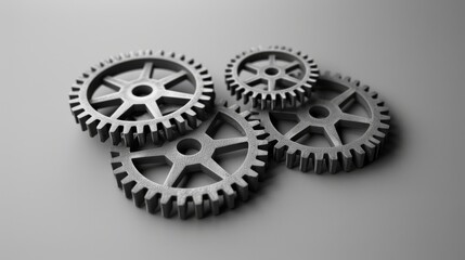 Four interlocking metal gears lie against a smooth gray surface, symbolizing precision, engineering, and teamwork in mechanical design.