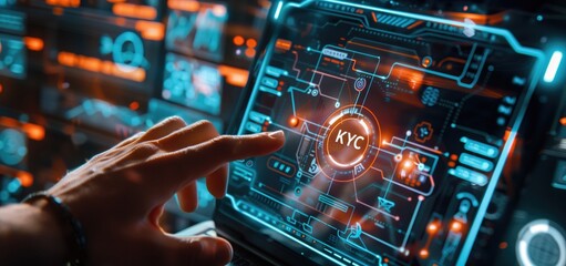 High-Tech Digital Interface for Know Your Customer (KYC) Process with Futuristic HUD Elements and Hand Interacting with Screen