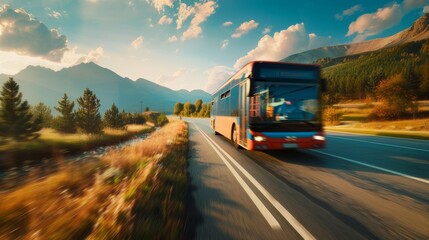 A bus speeding down a highway lined with golden fields and distant mountains, encapsulating the spirit of adventure and freedom on the open road.