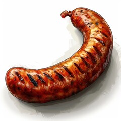 A single, grilled sausage is depicted in a childrens book style illustration, showcasing its browned exterior and grill marks