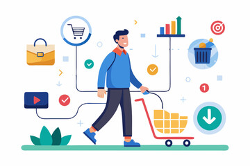 Customer journey, process or milestone for customer to experience until purchase product, marketing strategy analysis, advertising concept, man with trolley shopping cart on customer journey map
