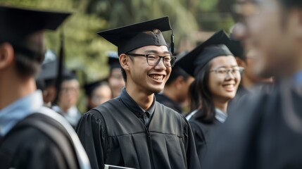 Fototapeta premium A joyful graduate in a cap and gown smiles broadly among fellow graduates, capturing the essence of academic achievement and celebration.