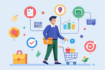 Customer journey, process or milestone for customer to experience until purchase product, marketing strategy analysis, advertising concept, man with trolley shopping cart on customer journey map
