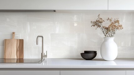 A modern kitchen with a tile backsplash made of elongated subway tiles in a soft, pastel shade