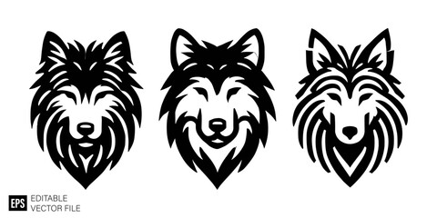 set of wolf head tattoo graphic design vector clip art black and white silhouette templates