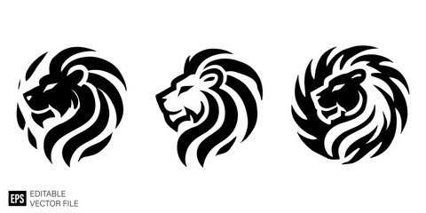 set of lion head graphic design vector clip art black and white silhouette templates