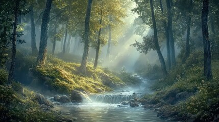 Obraz premium Enchanting Forest Stream with Sunlight and Mist - Magical Nature Scene.