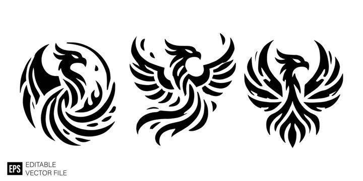 set of phoenix tribal tattoo graphic design vector clip art black and white silhouette templates