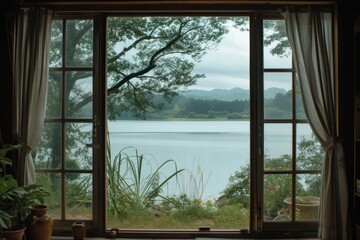 Fototapeta premium Window see lake nature plant house.