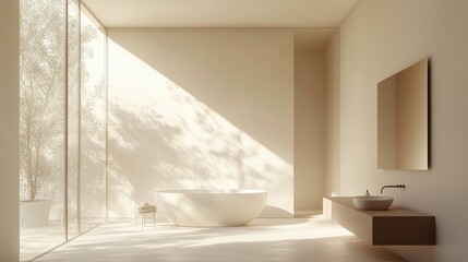 A minimalist bathroom with natural light streaming in through a large window, highlighting the clean lines and neutral colors,
