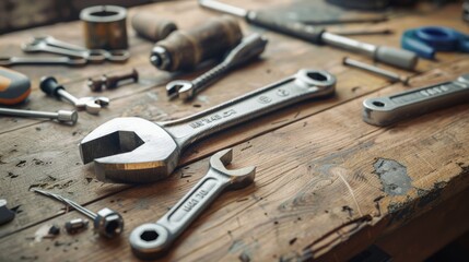 Fototapeta premium A workbench with scattered wrenches, nuts, and bolts in a woodworking shop, reflecting the industrious atmosphere of a craftsman's workspace.